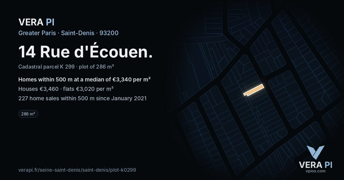 14 Rue d'Écouen, Saint-Denis at night – the plot lit, the parcels around coloured by the prices near them