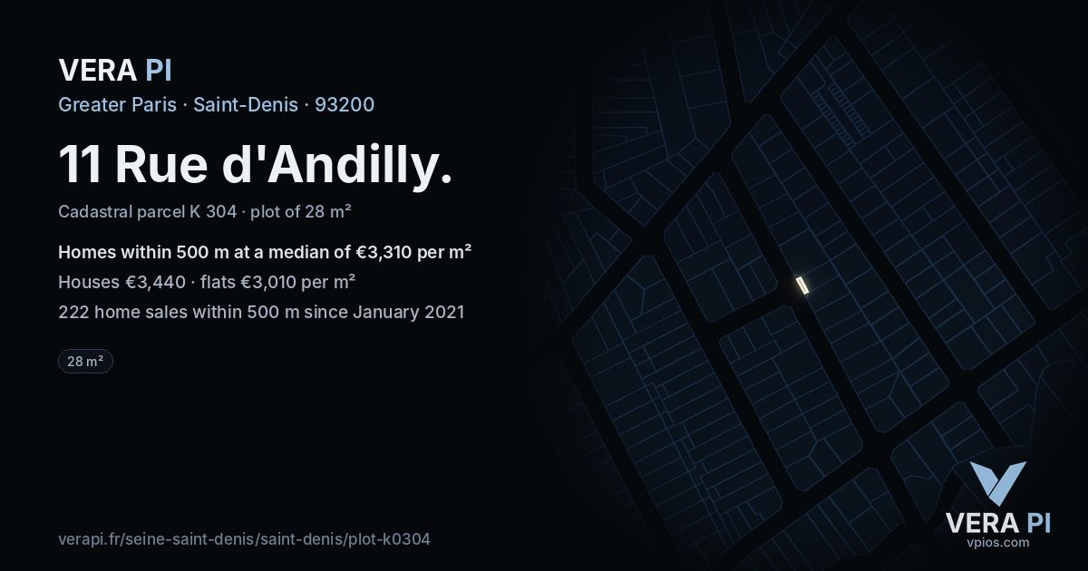 11 Rue d'Andilly, Saint-Denis at night – the plot lit, the parcels around coloured by the prices near them
