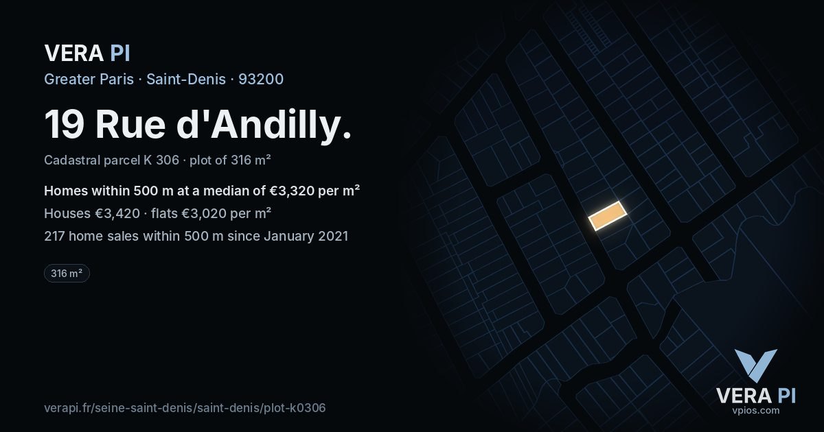 19 Rue d'Andilly, Saint-Denis at night – the plot lit, the parcels around coloured by the prices near them
