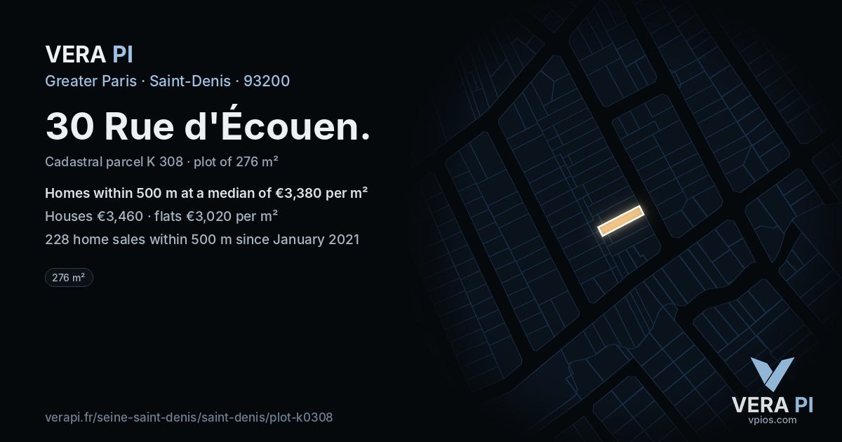 30 Rue d'Écouen, Saint-Denis at night – the plot lit, the parcels around coloured by the prices near them