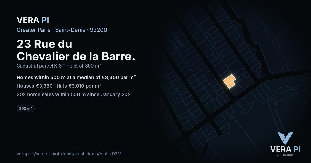 23 Rue du Chevalier de la Barre, Saint-Denis at night – the plot lit, the parcels around coloured by the prices near them