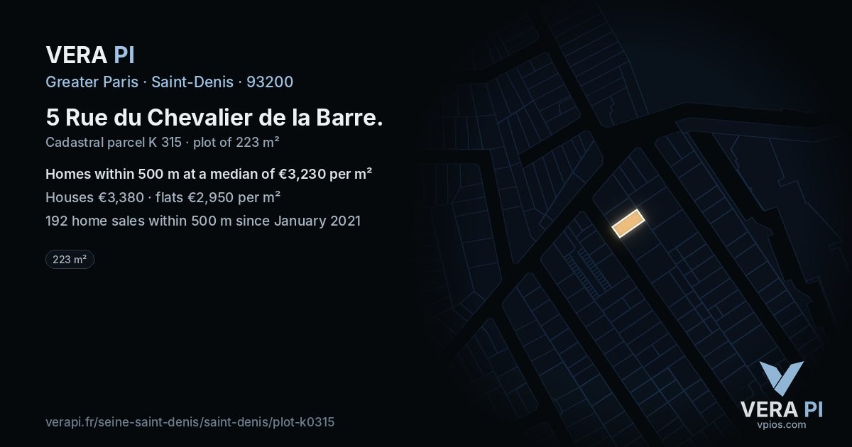 5 Rue du Chevalier de la Barre, Saint-Denis at night – the plot lit, the parcels around coloured by the prices near them