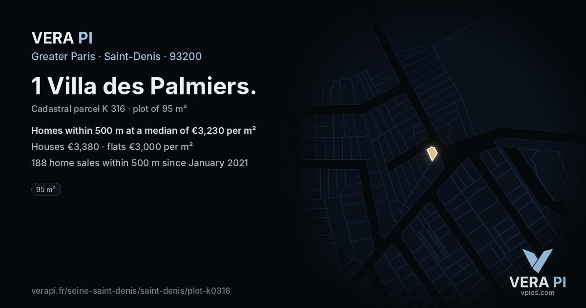 1 Villa des Palmiers, Saint-Denis at night – the plot lit, the parcels around coloured by the prices near them