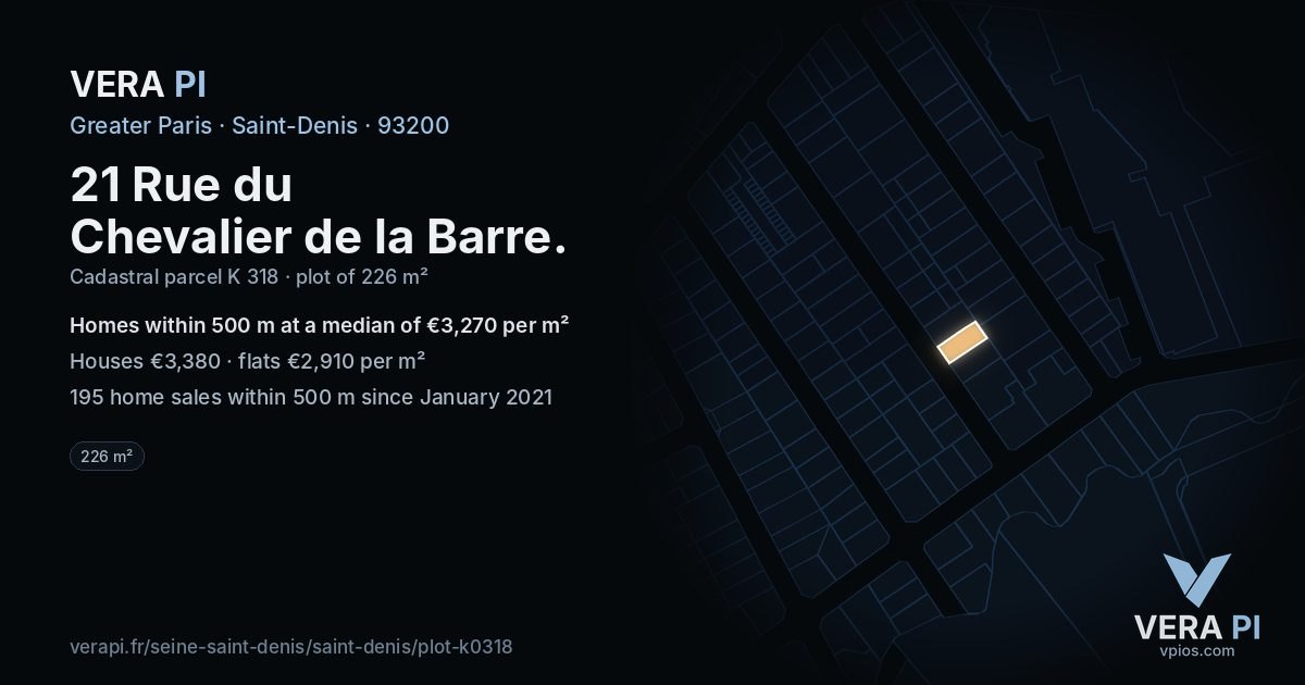 21 Rue du Chevalier de la Barre, Saint-Denis at night – the plot lit, the parcels around coloured by the prices near them