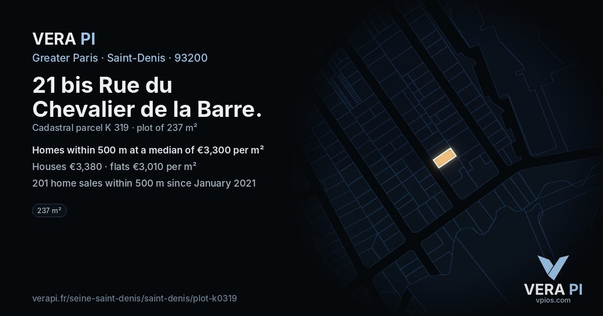 21 bis Rue du Chevalier de la Barre, Saint-Denis at night – the plot lit, the parcels around coloured by the prices near them