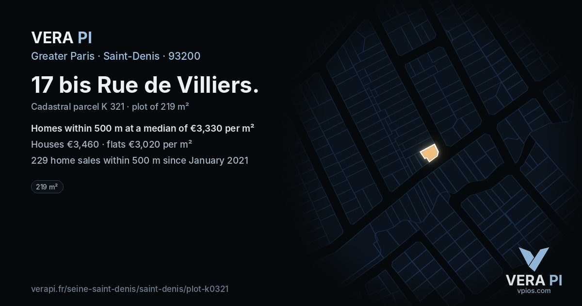 17 bis Rue de Villiers, Saint-Denis at night – the plot lit, the parcels around coloured by the prices near them