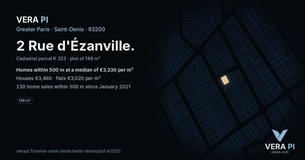 2 Rue d'Ézanville, Saint-Denis at night – the plot lit, the parcels around coloured by the prices near them
