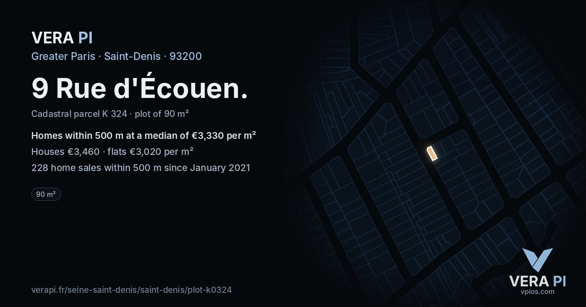 9 Rue d'Écouen, Saint-Denis at night – the plot lit, the parcels around coloured by the prices near them