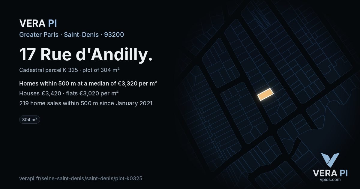 17 Rue d'Andilly, Saint-Denis at night – the plot lit, the parcels around coloured by the prices near them