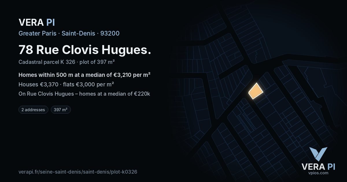 78 Rue Clovis Hugues, Saint-Denis at night – the plot lit, the parcels around coloured by the prices near them