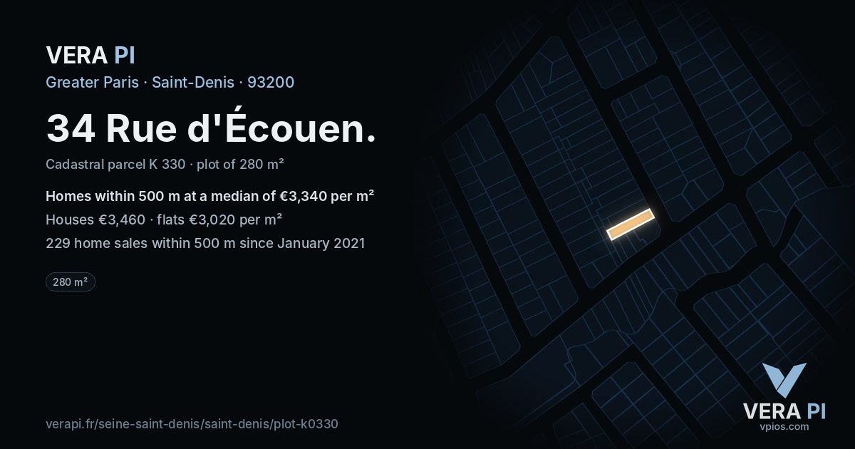 34 Rue d'Écouen, Saint-Denis at night – the plot lit, the parcels around coloured by the prices near them