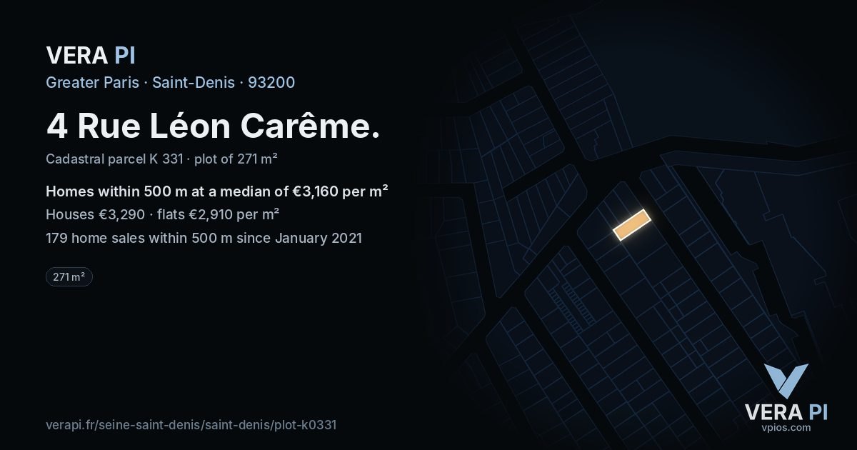 4 Rue Léon Carême, Saint-Denis at night – the plot lit, the parcels around coloured by the prices near them