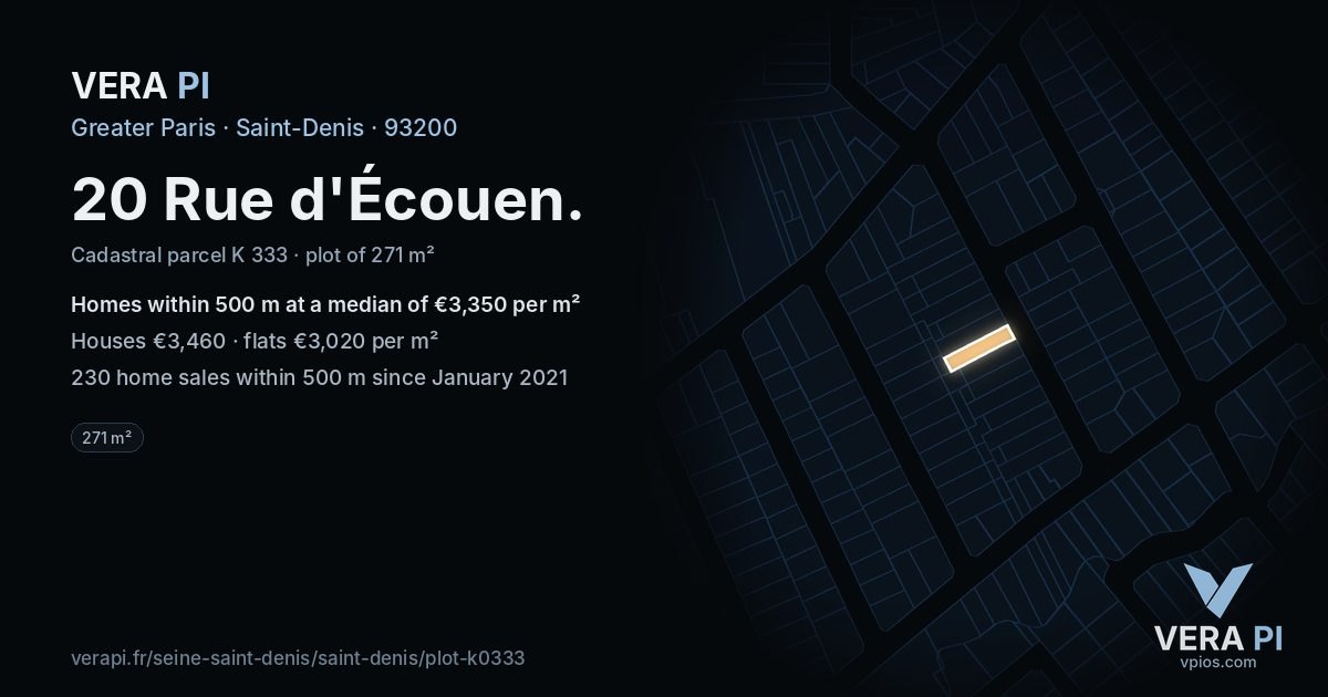 20 Rue d'Écouen, Saint-Denis at night – the plot lit, the parcels around coloured by the prices near them