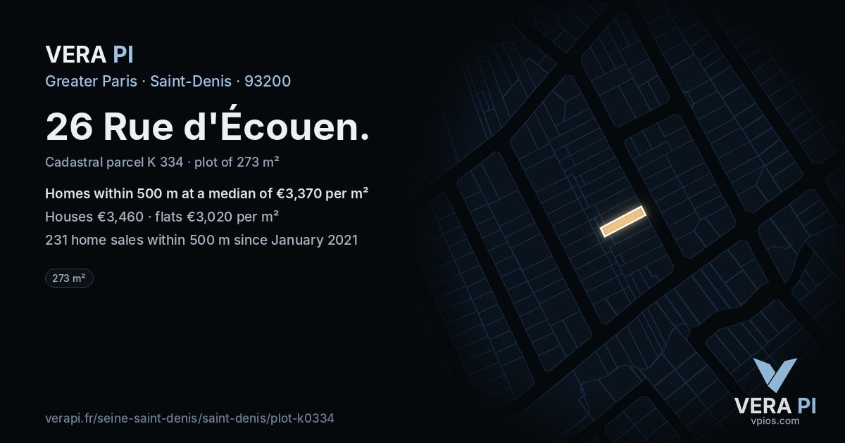26 Rue d'Écouen, Saint-Denis at night – the plot lit, the parcels around coloured by the prices near them