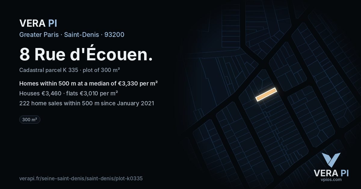 8 Rue d'Écouen, Saint-Denis at night – the plot lit, the parcels around coloured by the prices near them