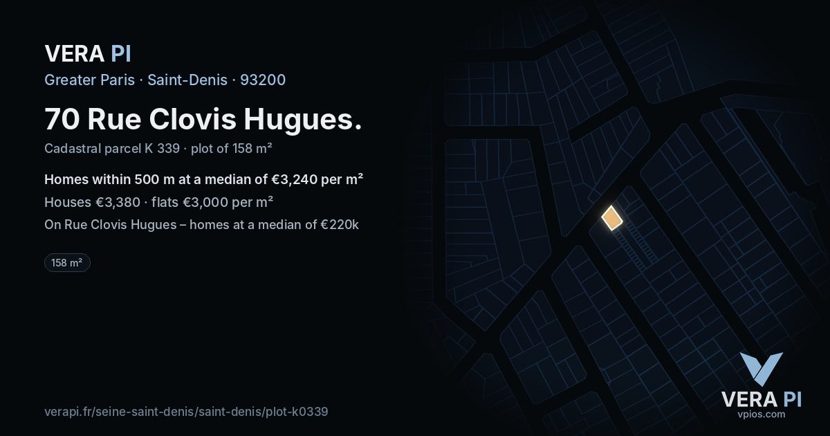 70 Rue Clovis Hugues, Saint-Denis at night – the plot lit, the parcels around coloured by the prices near them