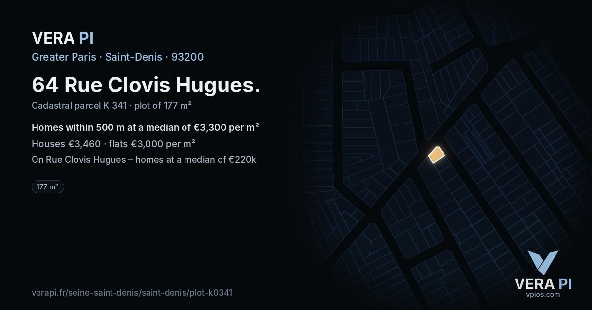 64 Rue Clovis Hugues, Saint-Denis at night – the plot lit, the parcels around coloured by the prices near them