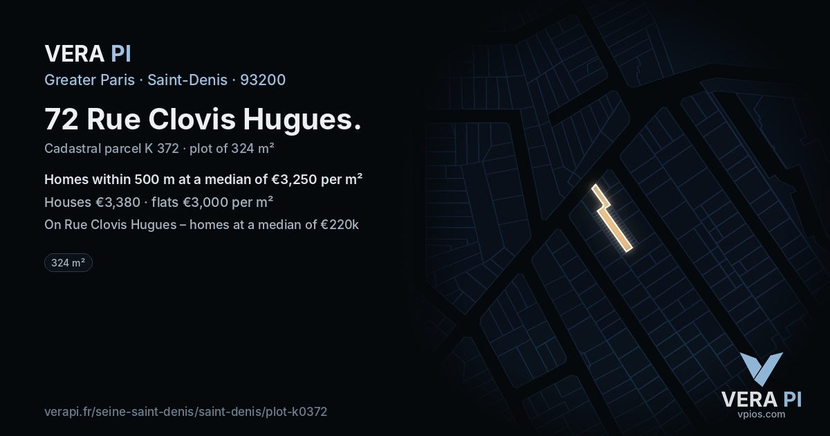 72 Rue Clovis Hugues, Saint-Denis at night – the plot lit, the parcels around coloured by the prices near them