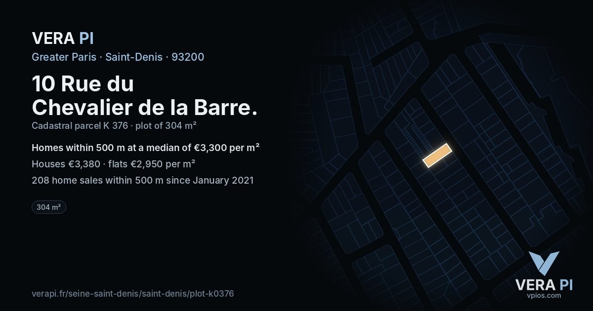 10 Rue du Chevalier de la Barre, Saint-Denis at night – the plot lit, the parcels around coloured by the prices near them