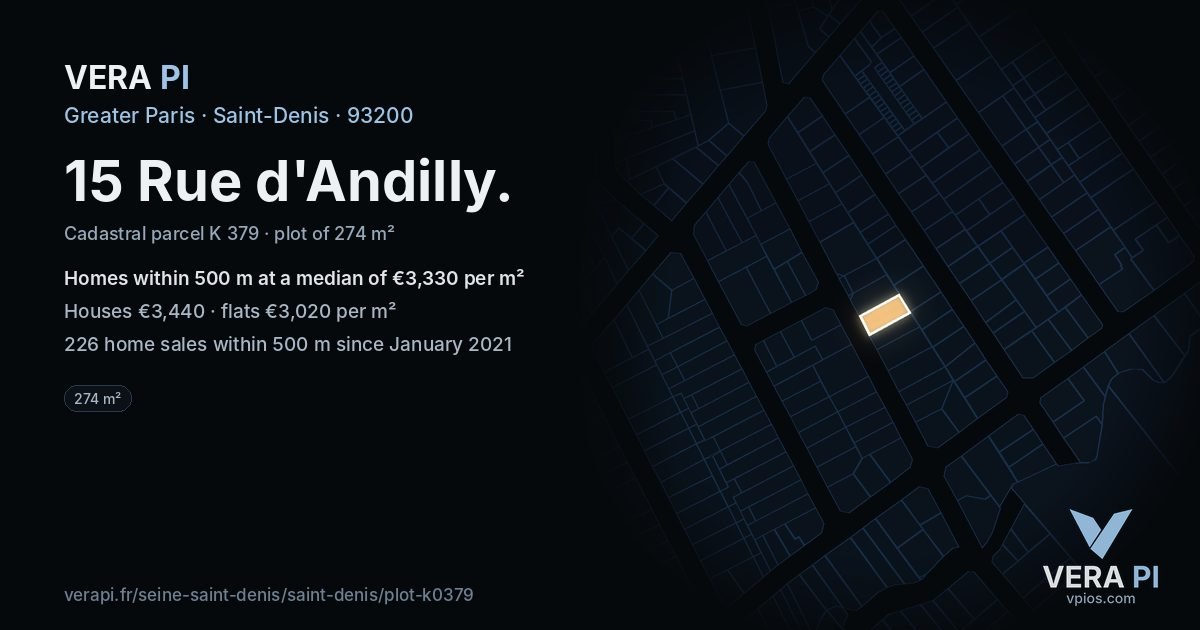 15 Rue d'Andilly, Saint-Denis at night – the plot lit, the parcels around coloured by the prices near them