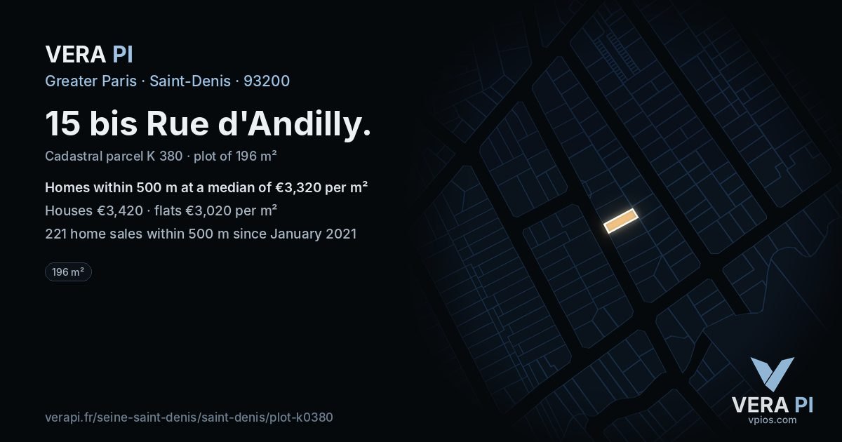 15 bis Rue d'Andilly, Saint-Denis at night – the plot lit, the parcels around coloured by the prices near them