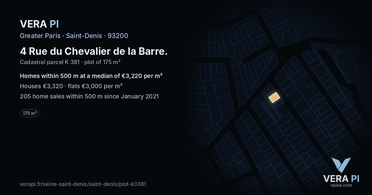 4 Rue du Chevalier de la Barre, Saint-Denis at night – the plot lit, the parcels around coloured by the prices near them