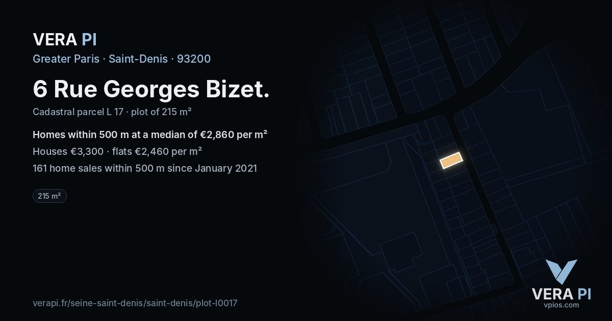6 Rue Georges Bizet, Saint-Denis at night – the plot lit, the parcels around coloured by the prices near them