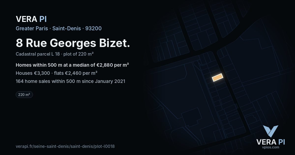8 Rue Georges Bizet, Saint-Denis at night – the plot lit, the parcels around coloured by the prices near them
