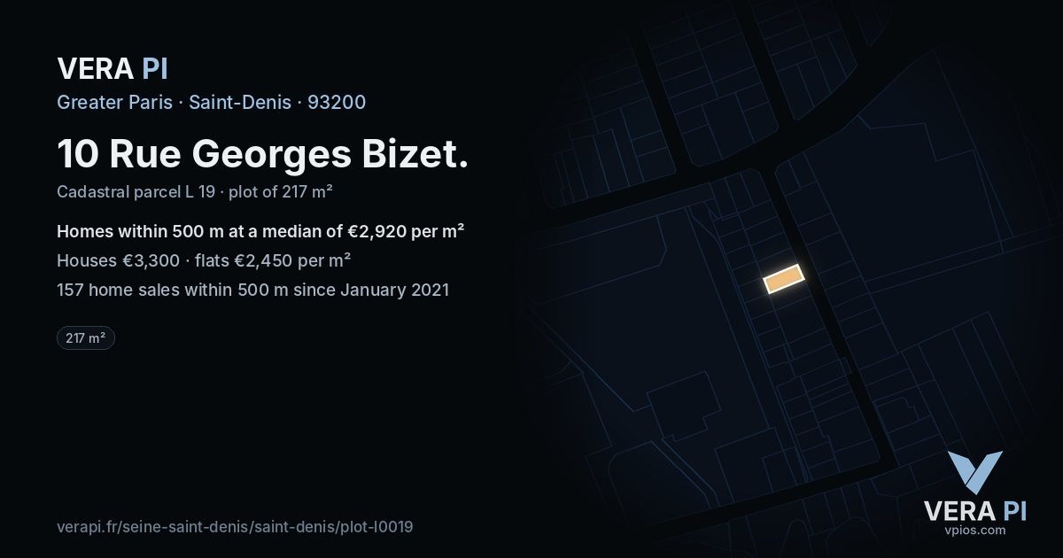 10 Rue Georges Bizet, Saint-Denis at night – the plot lit, the parcels around coloured by the prices near them