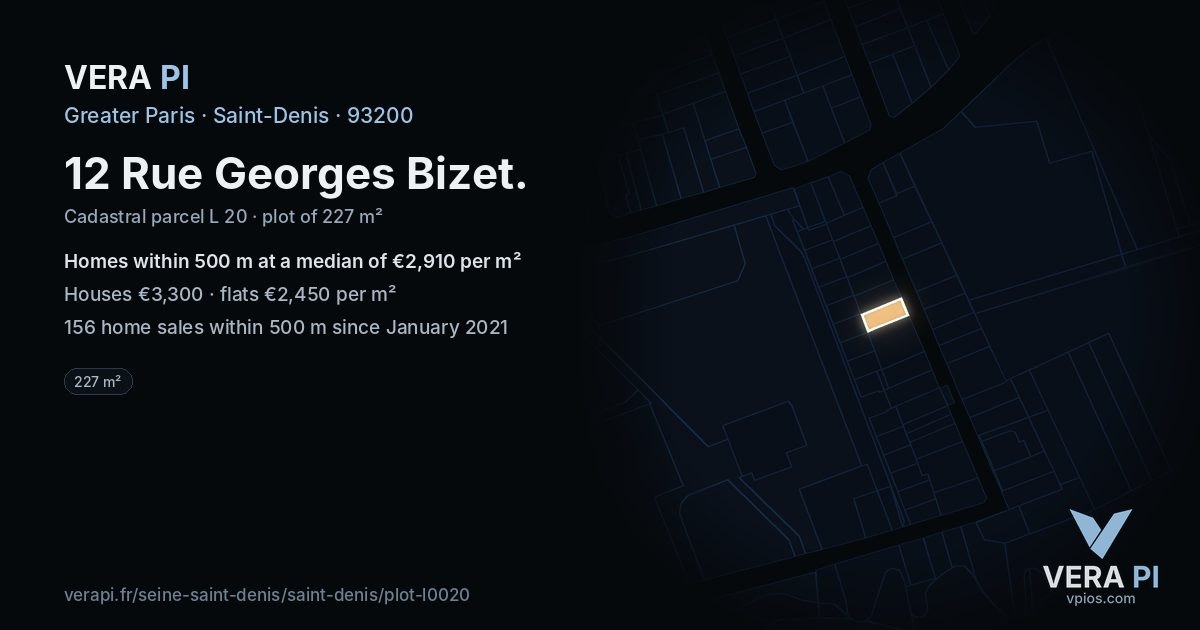 12 Rue Georges Bizet, Saint-Denis at night – the plot lit, the parcels around coloured by the prices near them
