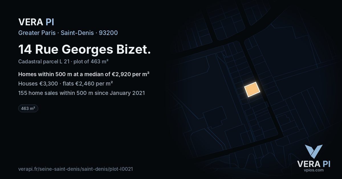 14 Rue Georges Bizet, Saint-Denis at night – the plot lit, the parcels around coloured by the prices near them