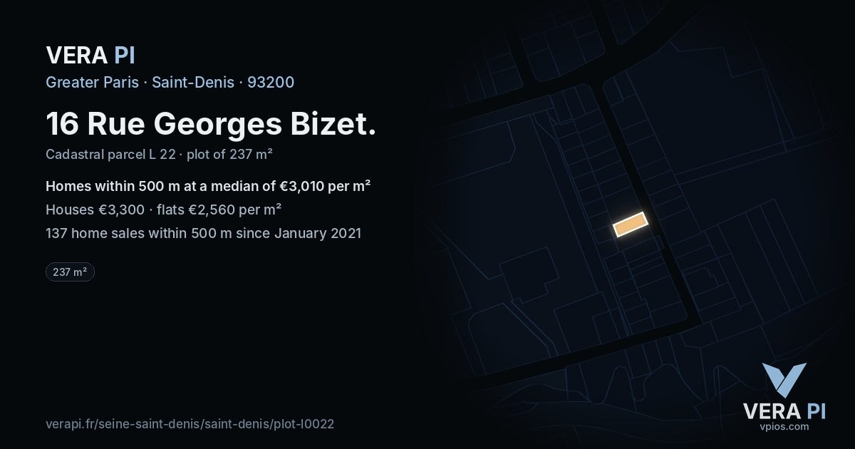 16 Rue Georges Bizet, Saint-Denis at night – the plot lit, the parcels around coloured by the prices near them