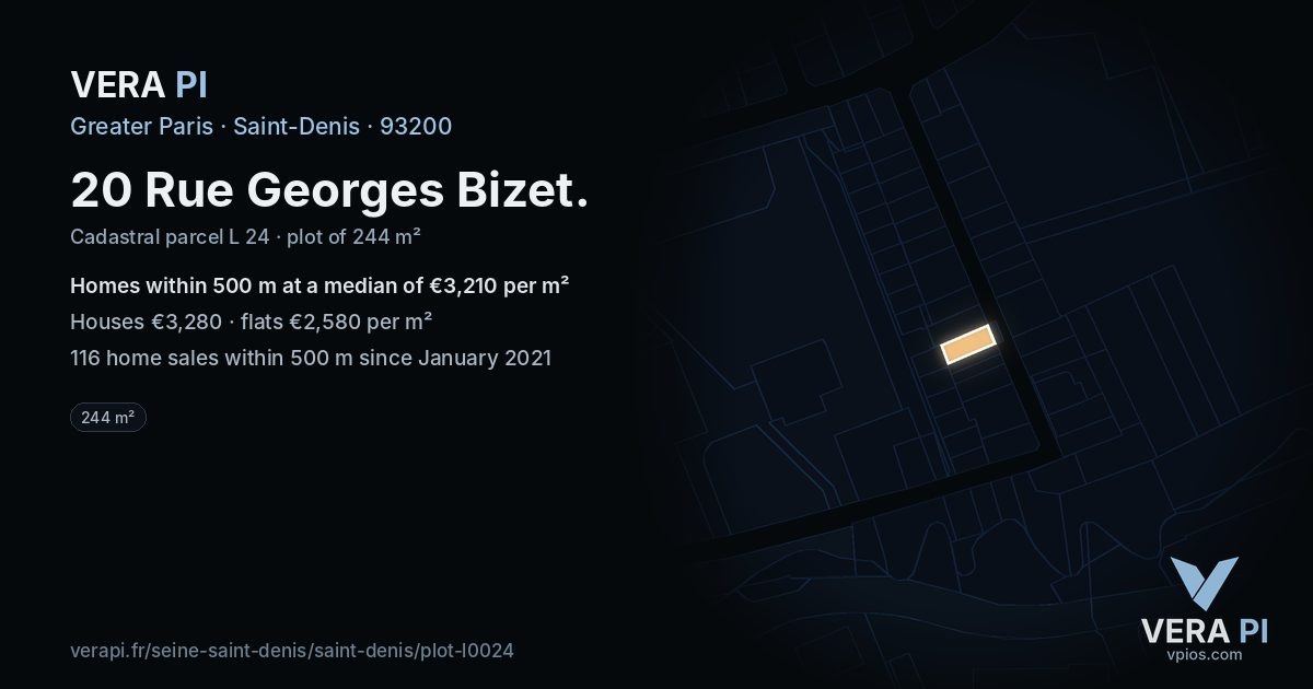 20 Rue Georges Bizet, Saint-Denis at night – the plot lit, the parcels around coloured by the prices near them
