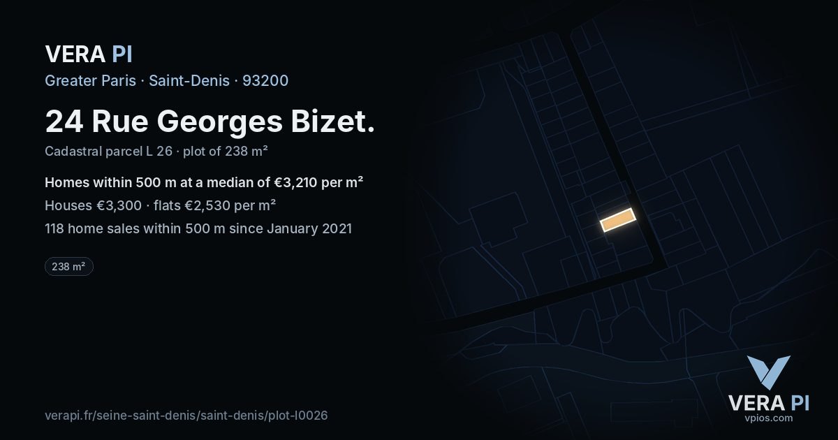 24 Rue Georges Bizet, Saint-Denis at night – the plot lit, the parcels around coloured by the prices near them