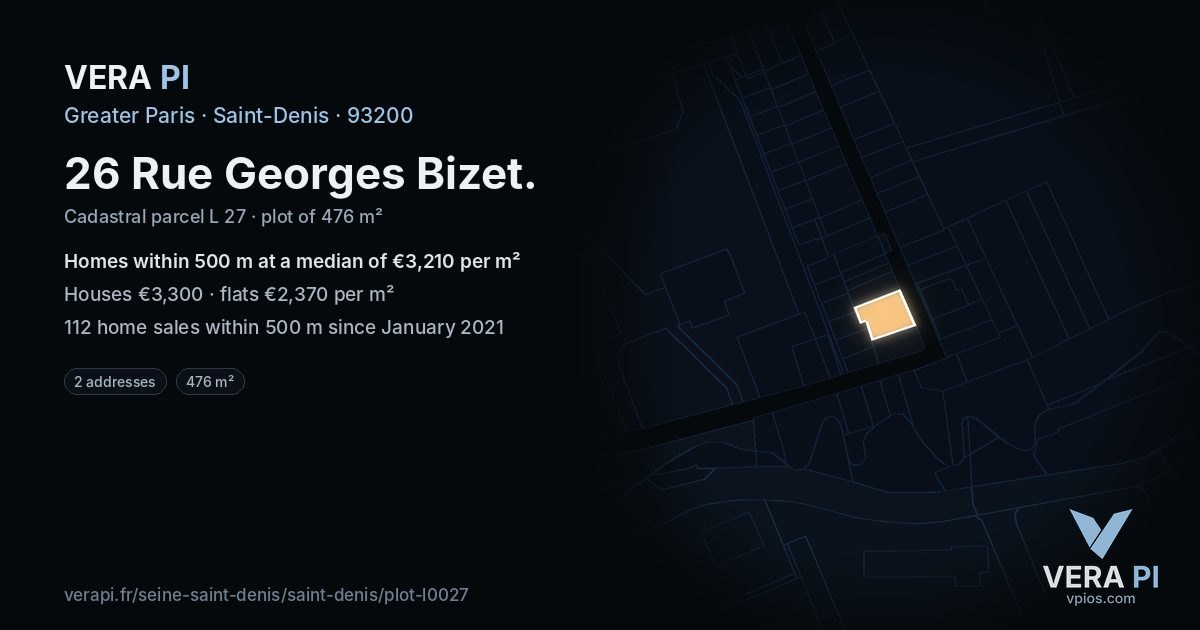 26 Rue Georges Bizet, Saint-Denis at night – the plot lit, the parcels around coloured by the prices near them