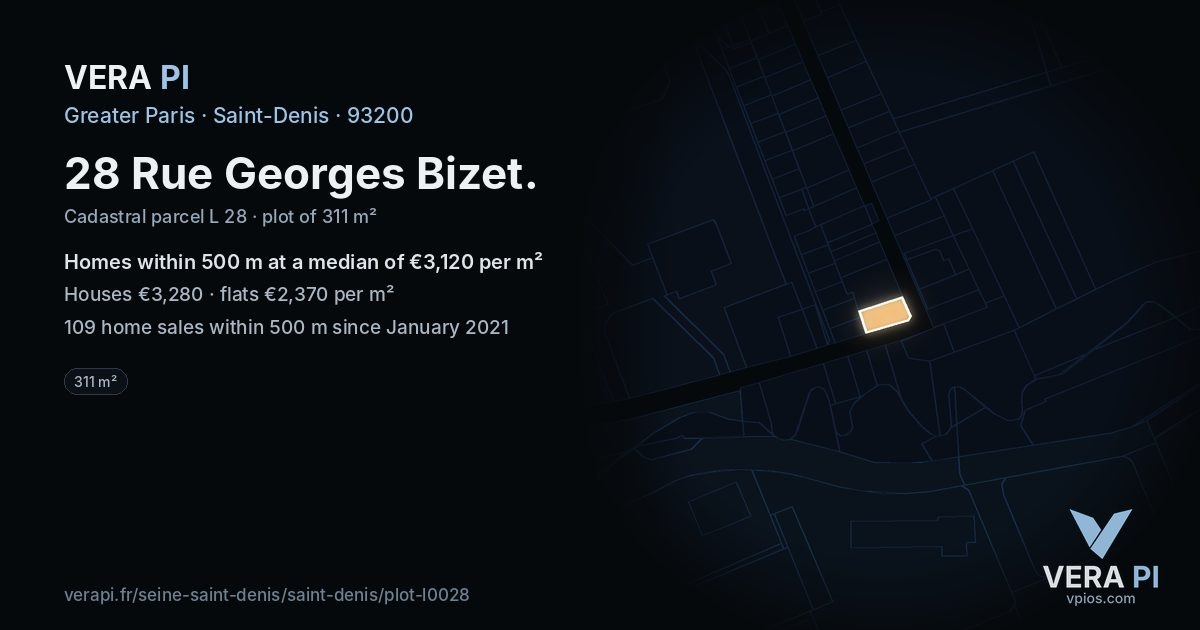 28 Rue Georges Bizet, Saint-Denis at night – the plot lit, the parcels around coloured by the prices near them