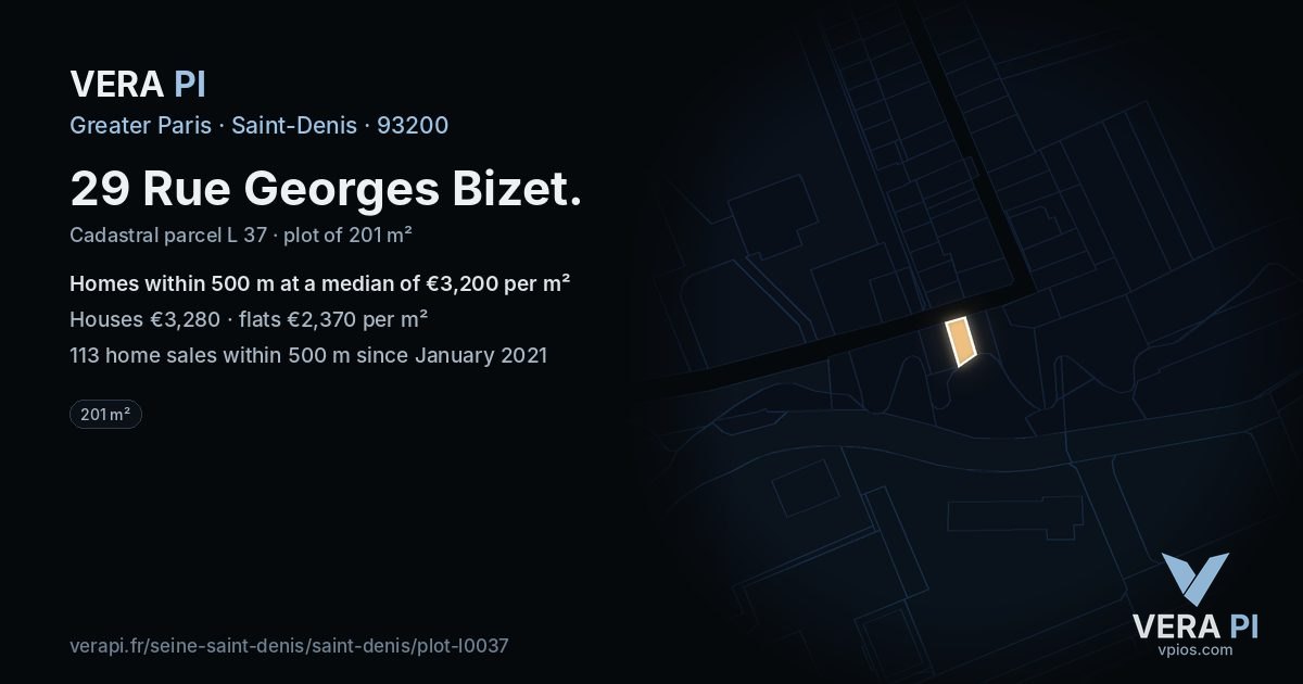29 Rue Georges Bizet, Saint-Denis at night – the plot lit, the parcels around coloured by the prices near them