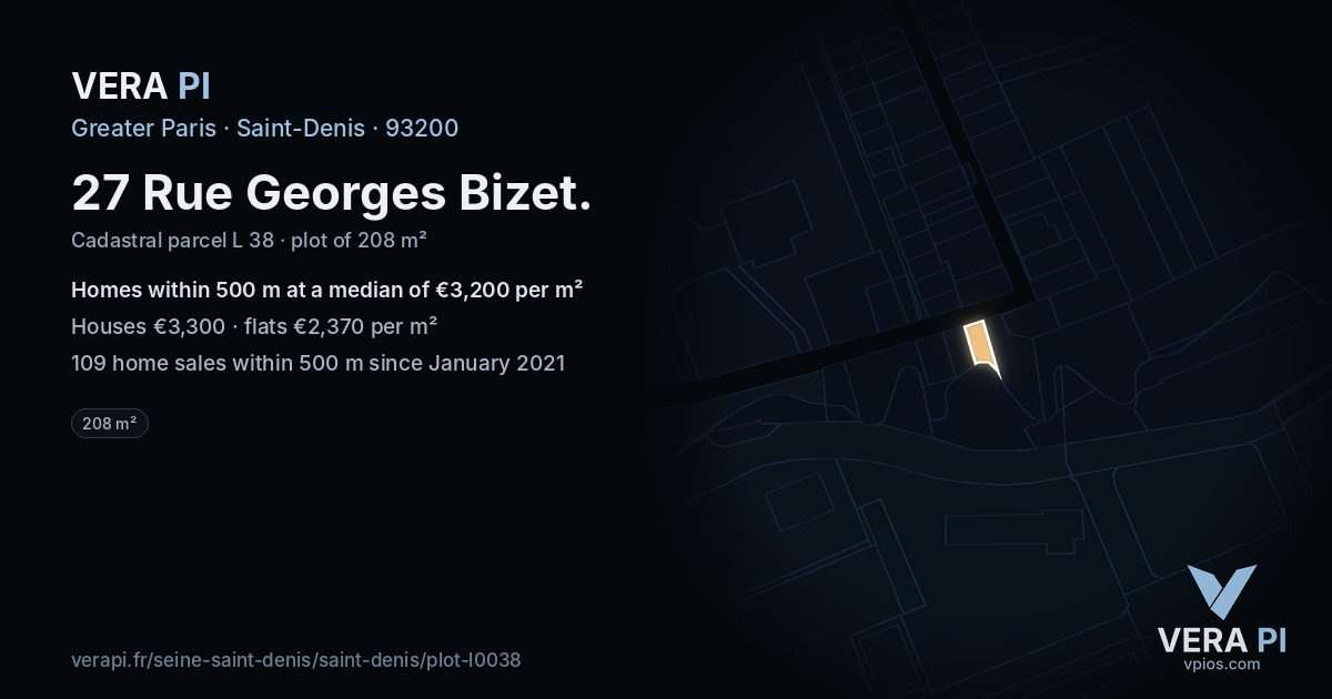 27 Rue Georges Bizet, Saint-Denis at night – the plot lit, the parcels around coloured by the prices near them