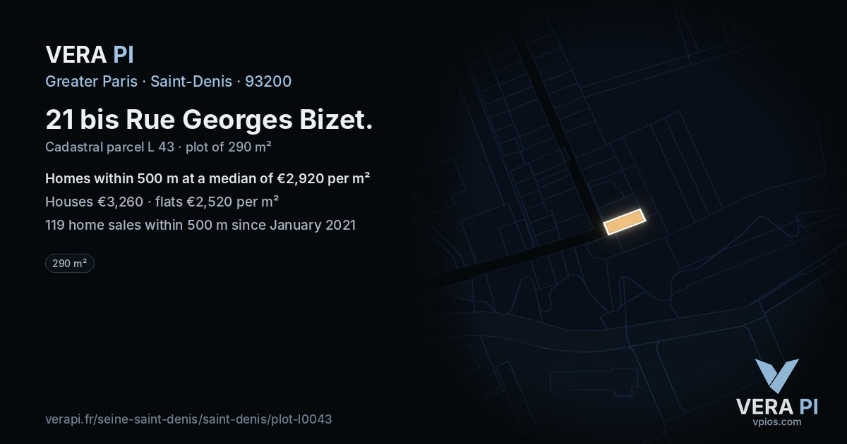 21 bis Rue Georges Bizet, Saint-Denis at night – the plot lit, the parcels around coloured by the prices near them