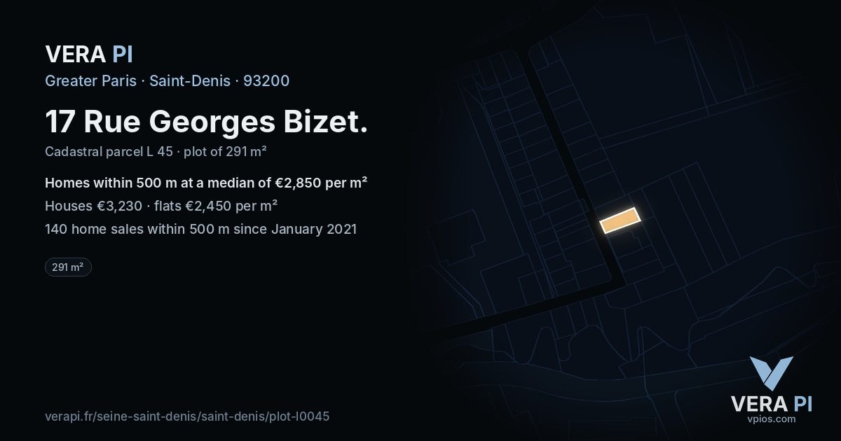 17 Rue Georges Bizet, Saint-Denis at night – the plot lit, the parcels around coloured by the prices near them
