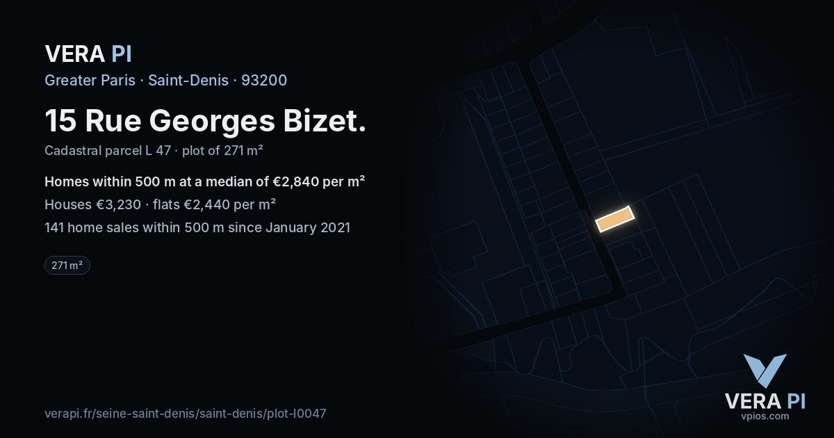 15 Rue Georges Bizet, Saint-Denis at night – the plot lit, the parcels around coloured by the prices near them