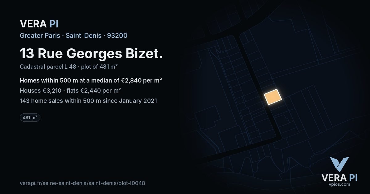13 Rue Georges Bizet, Saint-Denis at night – the plot lit, the parcels around coloured by the prices near them
