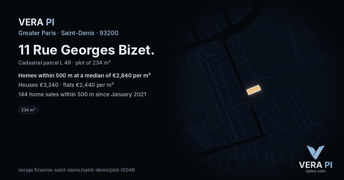 11 Rue Georges Bizet, Saint-Denis at night – the plot lit, the parcels around coloured by the prices near them