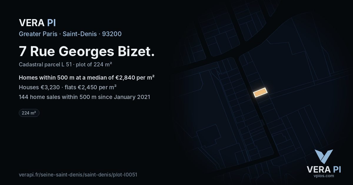 7 Rue Georges Bizet, Saint-Denis at night – the plot lit, the parcels around coloured by the prices near them