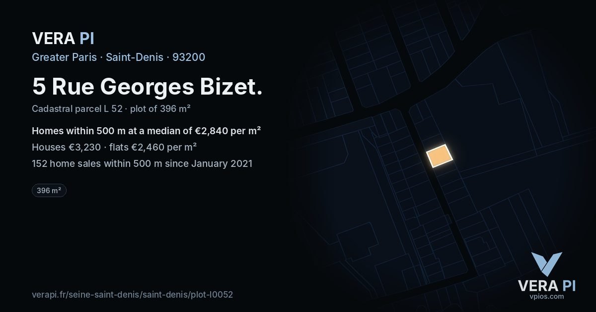 5 Rue Georges Bizet, Saint-Denis at night – the plot lit, the parcels around coloured by the prices near them
