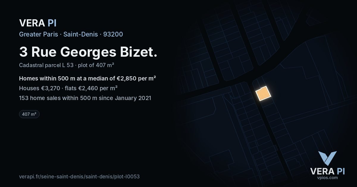 3 Rue Georges Bizet, Saint-Denis at night – the plot lit, the parcels around coloured by the prices near them