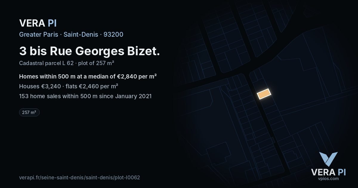 3 bis Rue Georges Bizet, Saint-Denis at night – the plot lit, the parcels around coloured by the prices near them