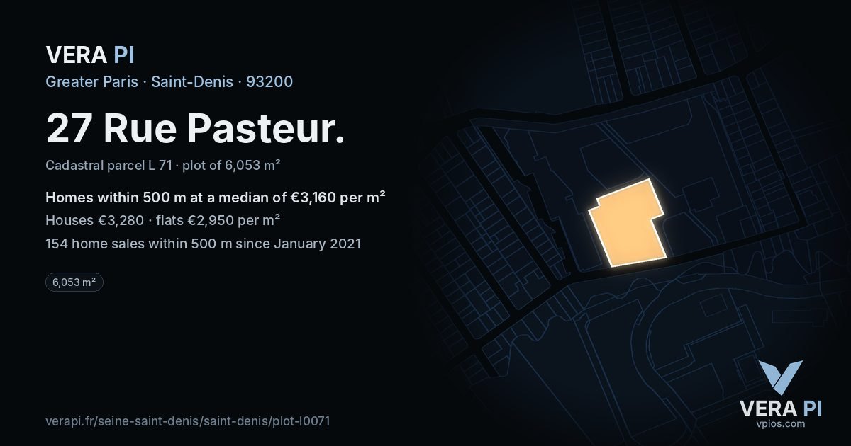 27 Rue Pasteur, Saint-Denis at night – the plot lit, the parcels around coloured by the prices near them