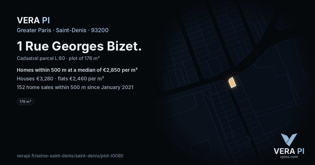 1 Rue Georges Bizet, Saint-Denis at night – the plot lit, the parcels around coloured by the prices near them