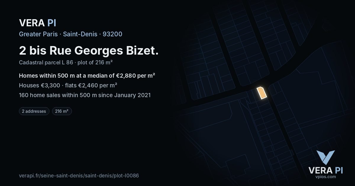 2 bis Rue Georges Bizet, Saint-Denis at night – the plot lit, the parcels around coloured by the prices near them